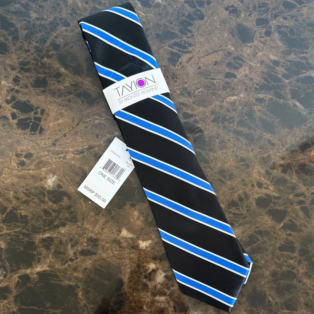 New! Tayion Black and Blue Striped Men's Tie